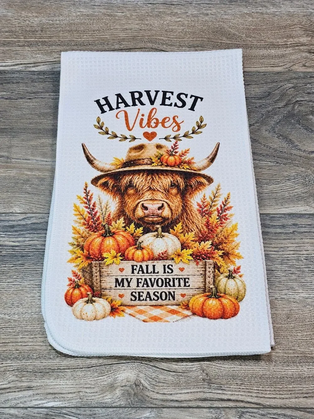 Highland Cow Fall Kitchen Towel Harvest Vibes Pumpkin Farmhouse Decor